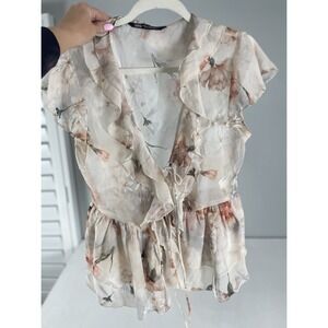 Zara Women's ROMANCE FLORAL PRINT RUFFLE BLOUSE WITH TIE Multicolored Size XS‎
